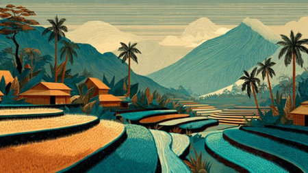 Palm trees rise high over water-filled terraces reflecting the afternoon sky.の写真素材