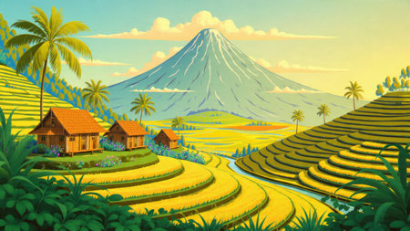 A stylized perspective view of sloping rice terraces beneath a glowing volcano.の写真素材