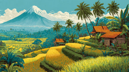 Cascading terraces highlighted in green and gold tones, with village huts and palm silhouettes.