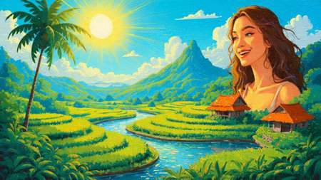 A modern flat-style landscape of layered rice paddies, dense greenery, and a soft blue mountain silhouette rising in the background.の写真素材