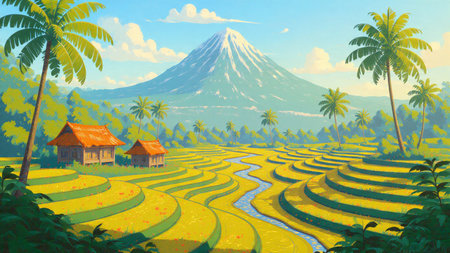 A harmony of cool and warm colors shaping terraced farmland, palm trees, and towering mountainous terrain.の写真素材