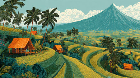 A tropical agricultural scene with detailed terrace patterns, warm lighting, and rustic village...