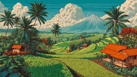Terraced fields framed by dense tropical vegetation and illuminated mountain peaks.