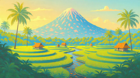 The terraces shine brightly under the tropical sun while palm trees sway gently.の写真素材