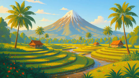 Cascading terraces glow with warm afternoon light as palm trees scatter across the valley.の写真素材