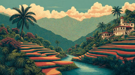 A detailed artistic depiction of rice fields at sunrise, glowing with warm tones and guarded by a majestic mountain.の写真素材