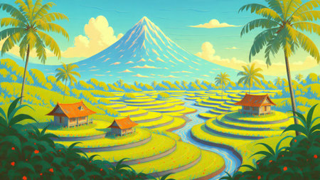 A picturesque depiction of tropical rice terraces stretching into the distance below a grand mountain peak.の写真素材