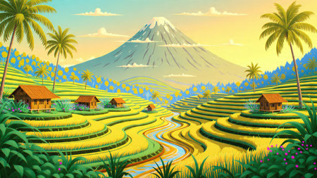 A stylized rural valley with flowing terraces and carefully illustrated palm groves.の写真素材
