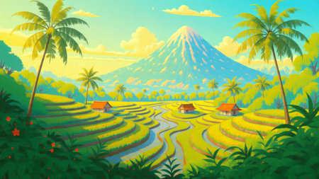 A modern flat-art depiction of bold green terraces, orange-roofed huts, and a softly shaded tropical mountain.の写真素材