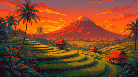 The terraces shine brightly under the tropical sun while palm trees sway gently.