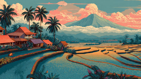 A vivid illustration of rice paddies alive with color, populated by tropical homes and a majestic mountain ridge.の写真素材