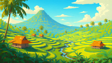 Terraced fields cascading toward a river, with small village structures and green mountains covered in warm hues.の写真素材