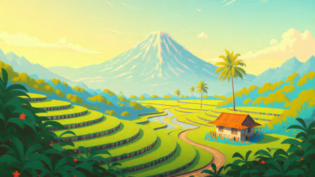 A warm-toned illustration of rice paddies with reflective water surfaces, tropical village homes, and a distant volcanic peak.の写真素材