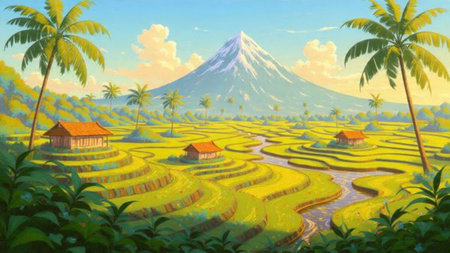 A fresh vector-style depiction of peaceful rice fields and swaying palm trees.