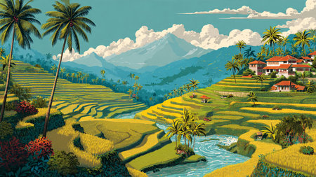 A stylized tropical valley rich in detail, color, and layered terrace structure.
