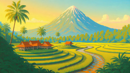 Rich greens dominate the rice fields with tropical homes scattered along the hillsides.の写真素材