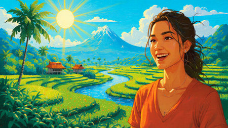 A bright layered composition of terraces, palm trees, and tropical huts under a soft sky.の写真素材