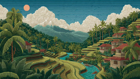 A peaceful top-down view of cascading terraces and palm groves at sunrise.