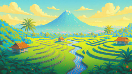 A stylized composition of rice paddies and palm trees with a dramatic volcano dominating the background.の写真素材
