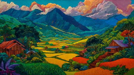 Village houses nestled near curved terraces with a majestic volcano rising behind them.