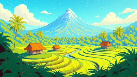 A stylized depiction of terraced hills with palm trees standing elegantly along the ridges.