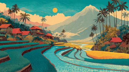 A cool-toned depiction of rice terraces bordered by lush tropical vegetation.