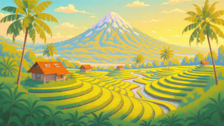 Tropical rice terraces with shimmering irrigation channels, orange-roof houses, and a bold purple mountain rising behind lush greenery.の写真素材