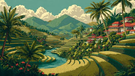 A lively green landscape with smooth rice steps, tropical plants, and a sunlit volcanic mountain.