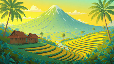 A colorful tropical countryside scene featuring tiered paddies and a towering volcano shadow.の写真素材