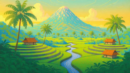 A charming rural illustration with terraced farmlands, wooden homes, and soft mountain gradients.の写真素材