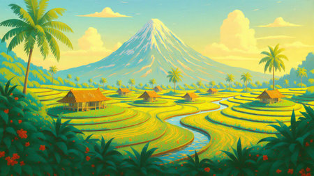 A vibrant composition highlighting geometric terrace patterns and shining mountain shapes.の写真素材