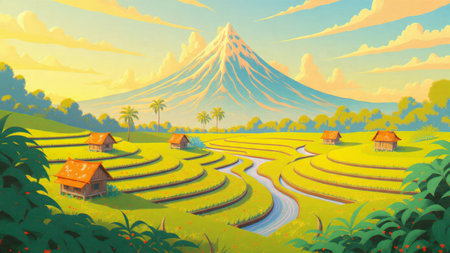 The scene features curved terraces shimmering with water reflections and a bright sky.の写真素材