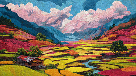 A modern flat-style landscape of layered rice paddies, dense greenery, and a soft blue mountain silhouette rising in the background.の写真素材