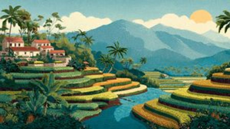 A decorative vector scene showing shimmering terraces and lush tropical plants.