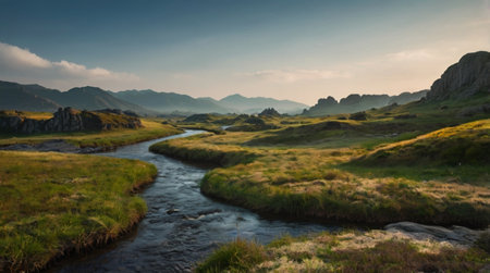 A breathtaking glacier river flowing through rugged terrain.の写真素材