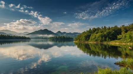 A pristine glacial lake framed by icy blue mountains.の写真素材