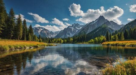 A serene lakeshore surrounded by tall grass and reeds.