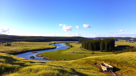A vibrant grassy hillside overlooking a vast river.