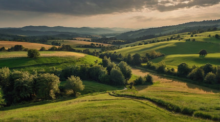 A foggy morning forest with faint silhouettes of trees in the distance.の写真素材