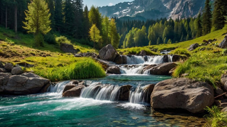 A wide savanna with tall golden grasses and acacia trees.の写真素材