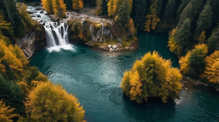 A mountainside blanketed in golden fall foliage.の写真素材