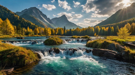 A serene mountain valley covered in morning mist with golden sunlight breaking through.の写真素材