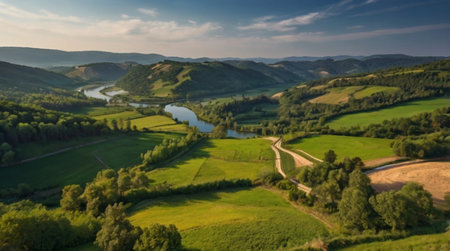 A crystal-clear lake reflecting snow-capped mountains under a bright blue sky.の写真素材