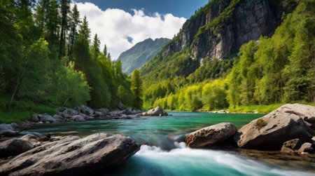 A peaceful forest river with fallen logs and calm currents.