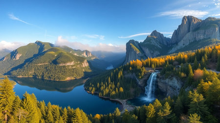 A towering waterfall cascading into a deep blue basin.の写真素材
