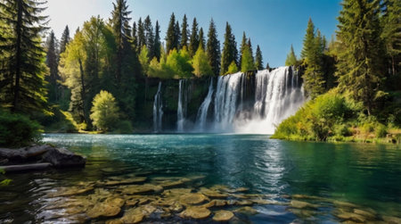 A calm river flowing through a dense forest with beams of light filtering from above.