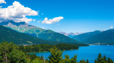 A serene lake surrounded by lush forests and majestic mountains under a clear blue sky.