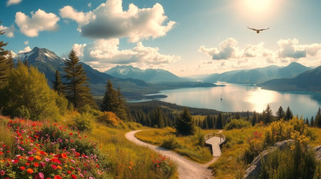 A meadow filled with butterflies fluttering among flowers.の写真素材