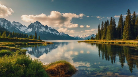 A serene lake at dusk with pink and purple reflections.の写真素材