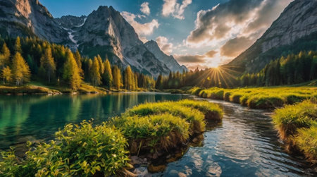 A serene landscape with a river flowing through a lush valley.